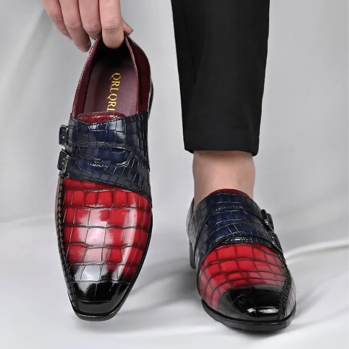 Crocodile Embossed Double Monk Strap Dress Shoes