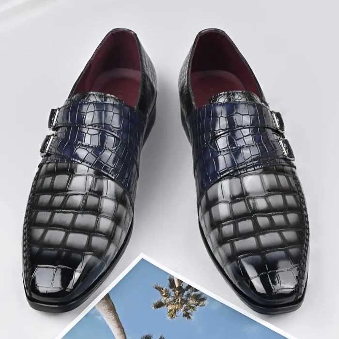 Classic Crocodile Embossed Double Monk Strap Dress Shoes